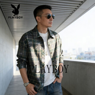 Playboy american retro plaid shirt men's loose trendy casual long-sleeved shirt jacket men's 2026 spring green m 80-90jin jin is equal to 0.5 kg