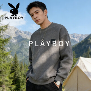 Playboy (playboy) american retro waffle sweatshirt for men 2026 spring new loose round neck pullover trendy casual long sleeve black l 125-145