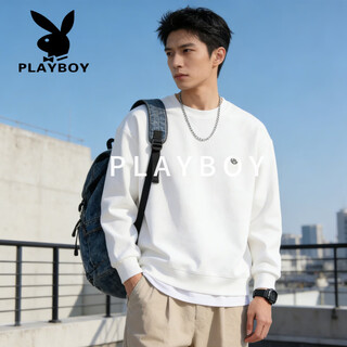 Playboy (playboy) round neck sweatshirt men's 2026 spring new american heavyweight velvet loose casual bottoming shirt top jacket green 3xl recommended 190-220jin jin equals 0.5 kg
