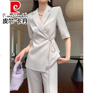 皮尔卡丹（pierre cardin）烟灰色西装套装女夏季薄款名媛高级感气质ol职业通勤女装休闲西服 浅灰色 M 建议98-108斤