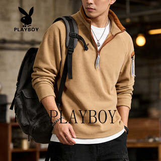 Playboy half-zip stand-up collar sweatshirt for men 2026 spring new loose large size trendy velvet warm jacket khaki s 110-140jin jin is equal to 0.5 kg