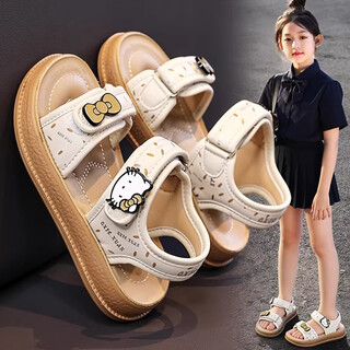 Lingli girls sandals open toe 2026 summer new style children princess girls beach shoes soft sole non-slip middle and large children's sandals beige 26
