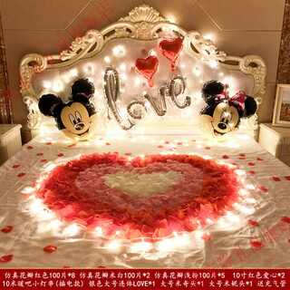 Decorate birthday scene for wife's room birthday, romantic valentine's day, rose petals, wedding room, confession and proposal, room bed decoration, romantic petal lantern package 1 (with 10-meter light string, free pump + tape)