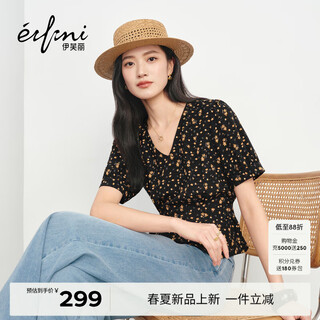 Eifini zhuzhu respaldado diseño de cintura con cordones temperamento floral con cuello en v camisa francesa de manga corta para mujer 26 verano nuevo estilo negro fondo negro flor amarilla m