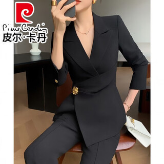 皮尔卡丹（pierre cardin）高级感春秋气质简约通勤职业正装显瘦长袖西装套装女长裤两件套 黑色 L 建议109-118斤