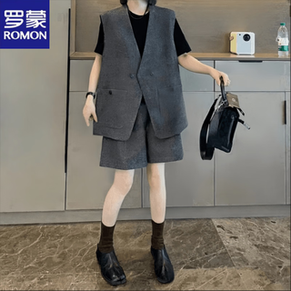 Romon beautiful women's high-end suit suit for women summer new fashion style age-reducing slimming commuter vest shorts two-piece set dark gray suit l 105-122jin jin equals 0.5 kg