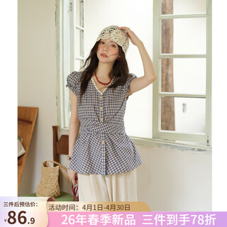 Mystery lace short sleeve shirt women 2026 summer new bow tie puff sleeve shirt waist top trendy blue check s