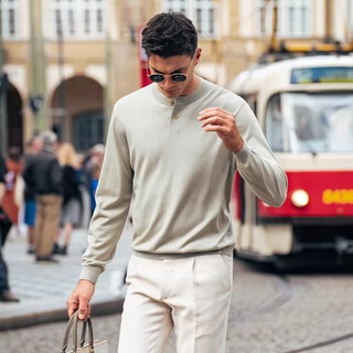 Ordos city henry collar thin solid color men's wool t-shirt for autumn and winter simple machine washable long sleeve bean gray green m /170