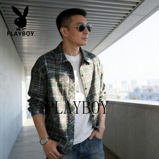 Playboy american retro plaid shirt men's loose long sleeve shirt jacket casual workwear top men's green m 80-90jin jin equals 0.5 kg