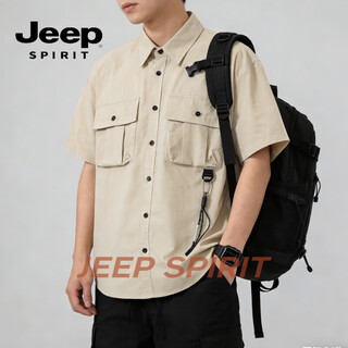 Jeep spirit work shirt men's 2026 summer loose japanese american retro short-sleeved shirt trendy casual half-sleeved upper khaki m (90-120jin jin equals 0.5 kg)