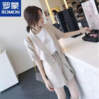 罗蒙（ROMON）2026夏季小香风西装套装薄款气质女神御姐网红时尚短袖短裤两件套 卡其色 S 建议80-95斤