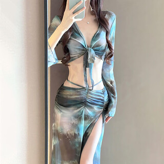 Jin jin is equal to 0.5 kg. mu bikini swimsuit women's 2025 new split four-piece long skirt sexy european and american slim fit hot spring vacation tie-dye ink blue one size recommended 80-118 jin jin is equal to 0.5 kg