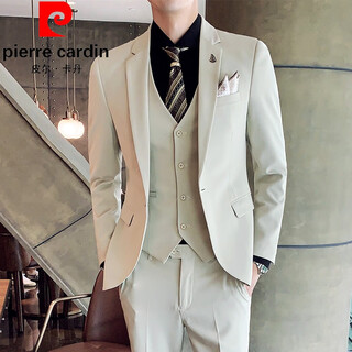 Pierre cardin suit men's groomsmen korean style groom's wedding dress business casual formal fit casual suit for men 1671 apricot four-piece suit (jacket + pants + vest + 2xl