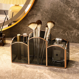 Kaman glass makeup brush storage box, desktop divided eyebrow pencil lipstick box, beauty brush bucket, light luxury brush storage box, three-compartment makeup brush tube, high-definition gray
