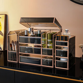 Kaman cosmetics storage box desktop high-end glass skin care product storage box light luxury beauty brush storage rack small black box series three-piece set