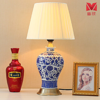 新中式全铜台灯景德镇青花瓷客厅书房卧室床头遥控调光陶瓷台灯具 中号青花梅瓶高48厘米 遥控开关