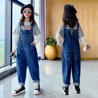 Shuttlecock feifei girls' denim overalls spring and autumn korean style children's wear 2024 new big children's style little girls' pants fashion blue overalls-a550 size 120 recommended height is about 105-115 cm
