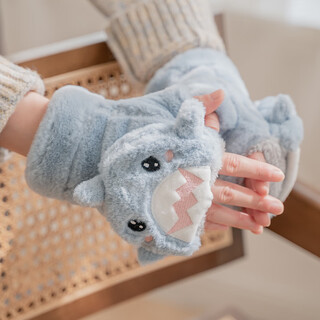 Qipeier gloves women's winter cute shark half finger gloves girls' plush thickened flip cover students' fingerless warm plus velvet blue