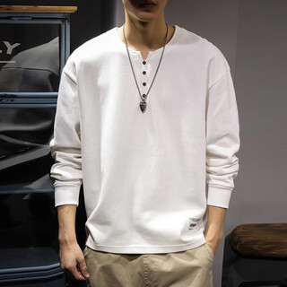 Gu xiansen autumn heavy cotton men's long-sleeved t-shirt loose large size american fashion brand casual henry collar bottoming shirt sweatshirt white 2xl 160-180jin jin equals 0.5 kg