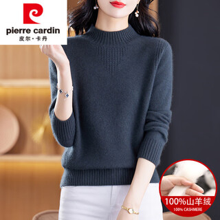 Pierre cardin half turtleneck cashmere sweater for women thickened 100 pure cashmere new winter sweater with loose bottoming shirt, dark gray blue l