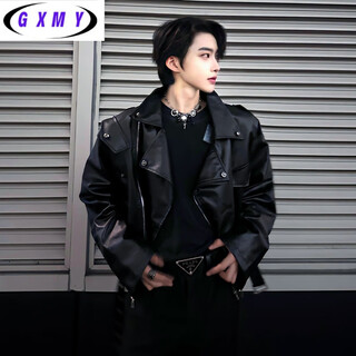 Gxmy american short shoulder-padded leather jacket men's spring and autumn trendy brand handsome street pu leather jacket high-end motorcycle suit black xl