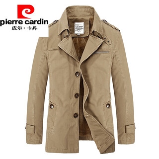 Pierre cardin autumn and winter men's windbreaker mid-length hooded cotton korean style trendy lamb plush jacket popular coat 5793z dark khaki plus velvet xl