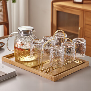 Yagang light luxury glass high temperature resistant household drinking water and tea cup set high-looking living room hospitality tea cup juice cup ice crystal cup 6 + cloud cup holder + large log tray + pot