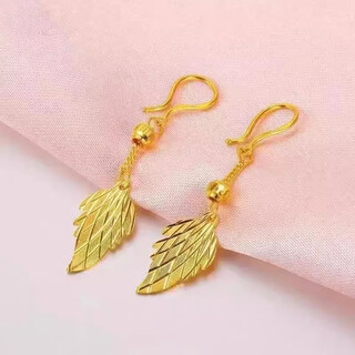 Hong kong 9999 real gold 24k pure sand gold earrings, non-fading women's earrings, transfer beads, lucky earrings, exquisite 9999 real gold, leaf ear hooks 8 grams