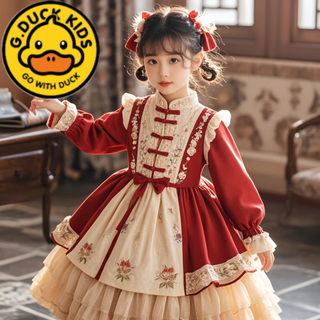 G.duck girls' dress, autumn and winter style, children's new year's red festive chinese new year's greeting dress, baby's one-year-old dress lolita 008 winter style plus velvet, pre-sale for 15 days 100 cm