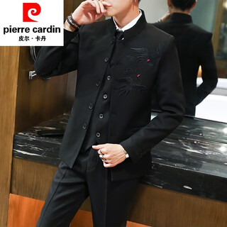 Pierre cardin chinese style suit stand collar chinese tunic suit ancient style hanfu men korean version slim tang suit chinese dress suit 618 black suit + pants + vest + shirt xl (123~138jin jin equals 0.5 kg)