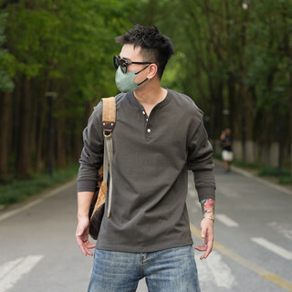 Pksaq american retro heavyweight henley shirt t-shirt men's casual long-sleeved bottoming shirt ami khaki work shirt men's iron gray l