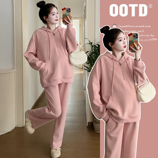 Ranqi mommy maternity wear 2025 new autumn suit loose top sweatshirt western style large size belly support pants fashionable two-piece set pink suit l