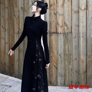 Yinchu early autumn new chinese style women's clothing, chic and unique national style cheongsam, buddhist zen tea dress, autumn and winter style, black-cheongsam s 160