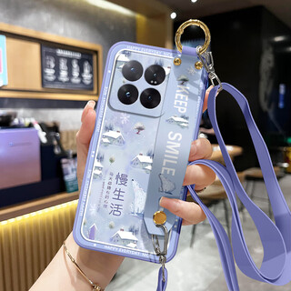 Granner is suitable for xiaomi mi 14 mobile phone case mi14pro high-looking silicone soft shell women's new simple lens all-inclusive creative anti-fall protective cover wrist strap stand lanyard can be worn cross-body lilac purple-slow life blue free strap for xiaomi 14