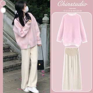 Ranqi mommy pregnant women autumn wear set 2025 new casual western style fashion pants two-piece set small pregnant women sweater autumn and winter pink sweater + apricot wide leg pants l