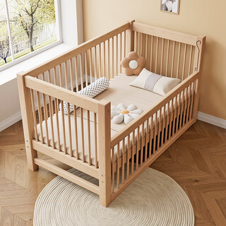 Small dingbao beech children's crib with liftable high guardrail baby bed spliced bed widened bedside bed small bed spliced large bed all beech wood four side guardrails fully enclosed (side lifting) log assembly frame structure 150x60cm
