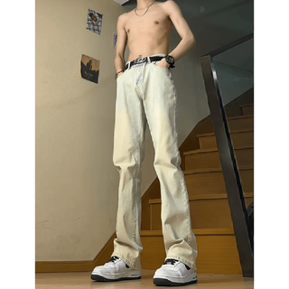 Yibo micro-laden jeans for men in winter plus velvet american high street yellow mud dyed old loose casual straight long pants for men mud yellow xl recommended 120-135 jin jin equals 0.5 kg