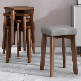 Kunfeng home solid wood dining table bench living room soft bag stool dressing table low stool stackable simple stool simple wooden stool gray surface + walnut color solid wood legs regular style