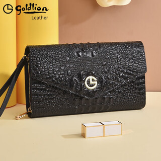 Goldlion women's bag crocodile pattern genuine leather fashion clutch bag 2025 new light luxury high-end women's handbag brand clutch bag black