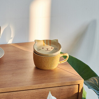 Siyue high-looking mug with lid, ceramic water cup for men and women, office cup, home coffee cup, home store, cat, yellow cup body + beige cup lid, 1 piece