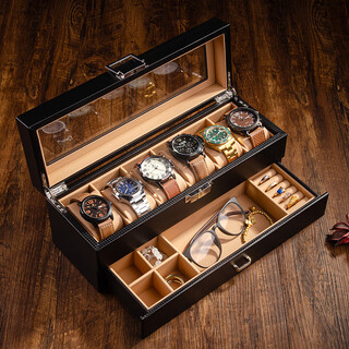 Huiyaxiu leather watch and jewelry all-in-one storage box for high-end home watches, rings, cufflinks, and jewelry display and organization 6-position lower jewelry skylight model—brown lining