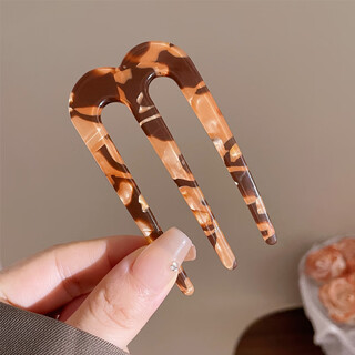 Zuoou three-tooth hairpin acetic acid u-shaped new chinese-style hairpin on the back of the head, daily commuting hairpin, three-tooth brown hairpin