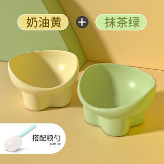 Qi oh cat bowl ceramic cat food bowl dog bowl food bowl cat rice bowl large diameter water bowl slant bowl anti-tip bowl pet supplies double bowl + grain spoon cream yellow + matcha green