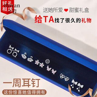 Zhiyan light luxury women's one-week earring set, silver earrings combination, simple earrings and earrings, new year's day, valentine's day, birthday gift, tw28 simple six pairs of light box set, exquisite gift box