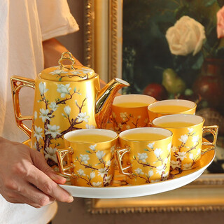 Heart decoration garden living room british-style afternoon tea tea set luxurious european bone china water cup kettle household set ceramic tea cup gift box yellow wangchun magnolia 8-head water set