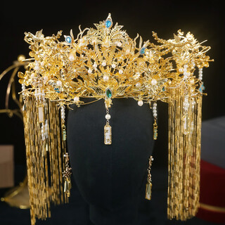 Anmi lian xiuhe clothing dragon and phoenix gown ancient style headdress ancient costume step rocking phoenix crown chinese style bride new hair accessories show atmosphere headdress gold