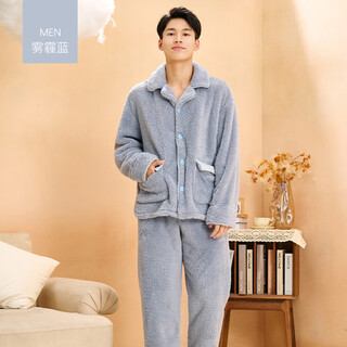 Funilai coral velvet pajamas for men and women to wear outside, 2025 new autumn and winter velvet thickened home clothes set, men's style - haze blue xl