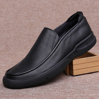 Men's autumn business casual leather shoes large size small size genuine leather men's shoes breathable soft leather soft sole slip-on dad shoes black sleeve 40 (250mm)