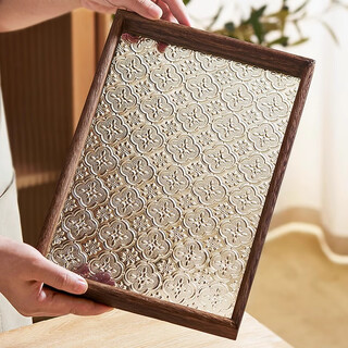 Qiaoyi tea tray rectangular glass tray retro begonia flower tea tray household cup storage tray dry tea tray long 36*24 retro glass tray