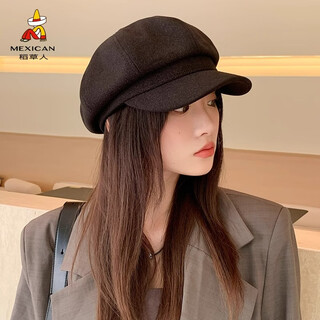Scarecrow hat women's autumn and winter new octagonal hat korean version versatile simple solid color japanese fashion trendy peaked hat black 76696 one size